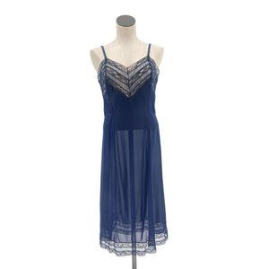 1950s 1960s Navy Blue Ruffle & Frill Sheer Lingerie Slip Size 36